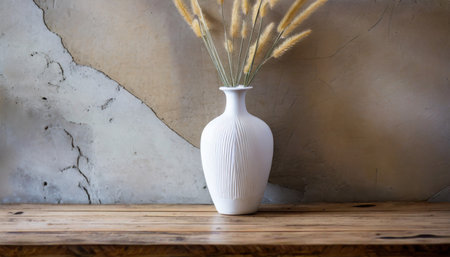 a white vase sitting on top of a wooden table next to a wall generative aiの素材