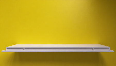 front view of empty shelf on vivid yellow wall background with modern minimal concept display of room shelves for showing realistic 3d renderの素材