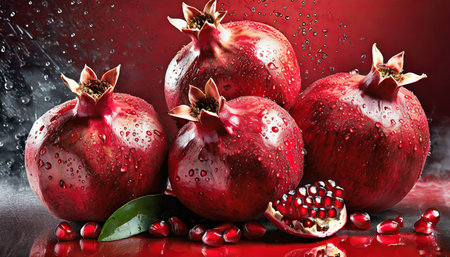 a group of pomegranates on a red surface with water droplets on them and a red background with a red background with a red background generative aiの素材
