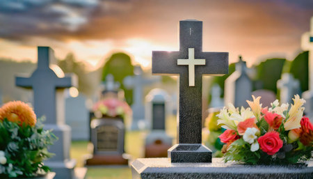 capture the solemn beauty of a catholic cemetery with a grave marker and cross engraved on it set against a softly blurred background to create a sense of peaceful serenity funeral conceptの素材