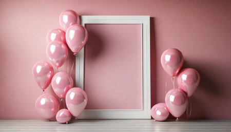 blank white frame and pink balloons on pink pastel color background with shadows minimal concept 3d renderingの素材