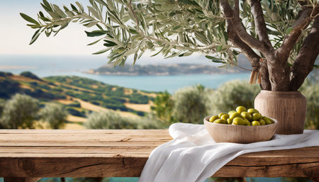 natural wooden table and organic cloth with olive tree plant product placement mockup design background outdoor tropical summer scene with rustic vintage countertop displayの素材