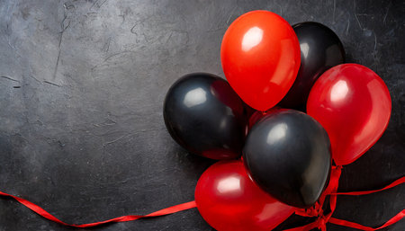 red and black balloons on a background with copy space the concept of a holiday or black fridayの素材