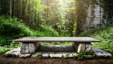old wood and stone bench mockup forest background platformの素材