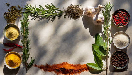frame border food design element spices and herbs with real shadow on background variety of spices and mediterranean herbsの素材