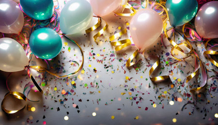 party background with lights confetti balloons and serpentineの素材