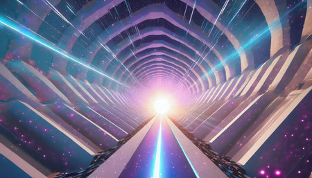 a 3d render of a hyperspace tunnel with an expanding galaxy showcasing a cosmic explosion of energy and glow the universe comes alive with bright stars cosmic rays and a neon burstの素材