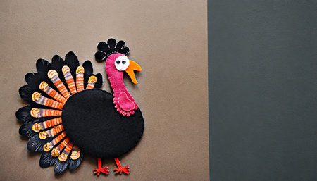 a cute turkey made of felt on a solid background offset so that you can put your text next to it great for menu s presentations potlucks signageの素材