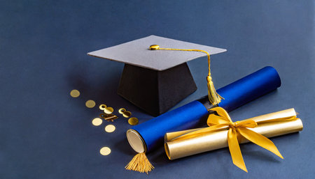 minimalist graduation theme with gold and blue accents against a dark blue background ai generatedの素材
