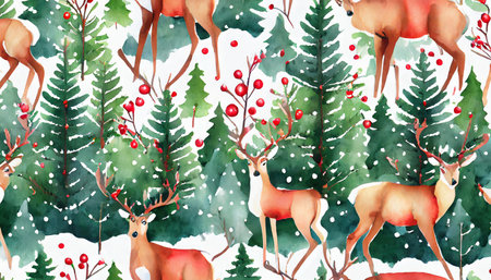watercolor seamless pattern with reindeer and trees winter christmas background for wrapping paper textile wallpaper cardsの素材