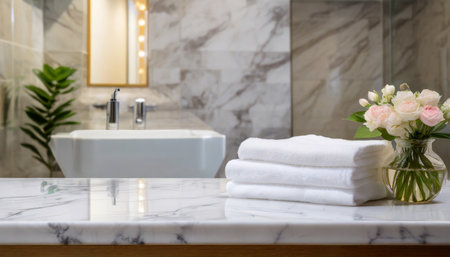 empty white marble countertop and wall with copy space place for mounting your product and blurred background of bathroom interior and towelsの素材