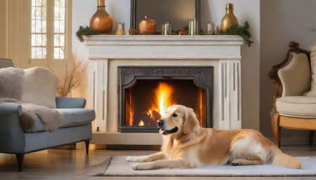 an adorable golden retriever dog lounges by the fireplace in a minimalist living room basking in the warmth of the hearth against a backdrop of light colored interiorsの素材