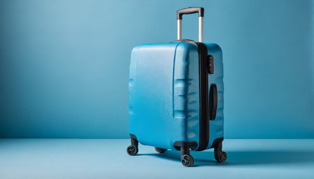 blue suitcase on a blue background minimalism mockupの素材