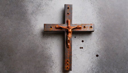 christian cross made with rusty nails drops of blood on grey background copy space good friday easter day christian backdrop biblical faith gospel salvation concept jesus christ crucifixionの素材