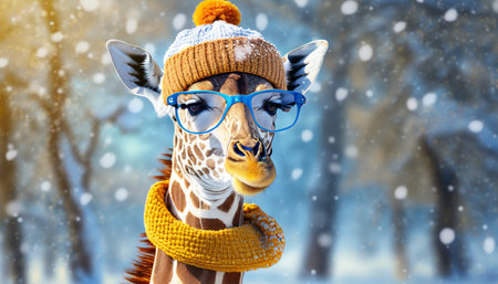 cute giraffe in glasses wearing scarf and knitted hat portrait of funny animal on outdoor winter background close up with copy spaceの素材