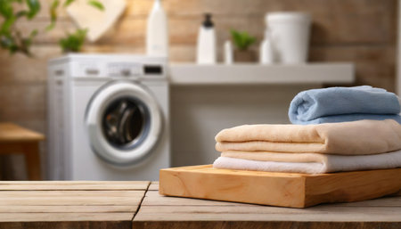 empty wooden board with towels on blurred background of washing machine in home laundry place for product mounting and advertisingの素材