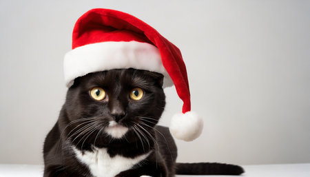 cat wearing a santa hat christmas concept background full body on whiteの素材