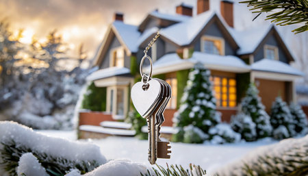 key with house shaped keychain modern country private house with winter snowy garden on the background real estate moving home or renting property conceptの素材