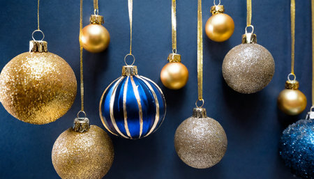 christmas and new year minimalistic background golden and blue glass balls hanging on ribbon on navy blue background with copy space for text the concept of christmas and new year holidaysの素材