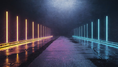3d rendering old wet asphalt neon lights dark backgroundの素材