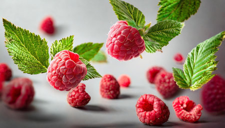 levitating raspberry on a white backgroundの素材