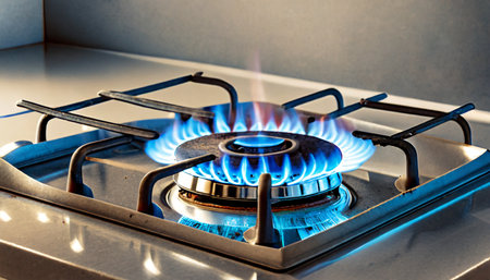 kitchen gas stove burner with blue flame transparency horizontal banner with burning gas stove burner on the kitchen stove economic crisis the cost of gas risingの素材