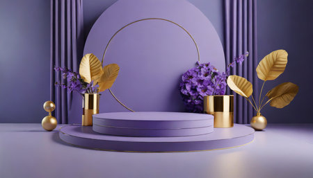 front view of circle podium decorated in purple backgroundの素材