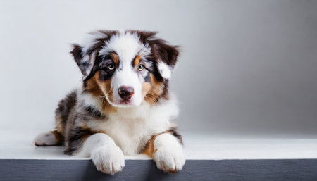 the studio portrait of the puppy dog australian shepherd lying on the white background looking at the copy spaceの素材