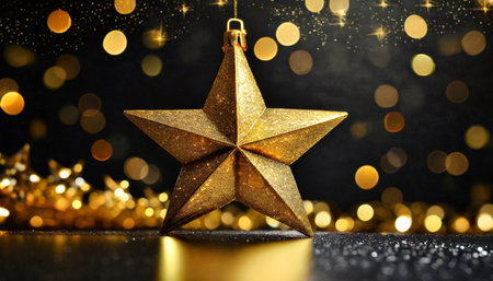 golden christmas star on bokeh black background xmas card with gold star shining discretely on a dark wall setting seasonal greetings invitation festivity luxuryの素材