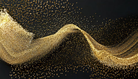 beautiful dark abstract background with wave shaped golden dust splashの素材