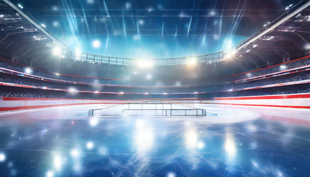 hockey stadium empty sports arena with ice rink cold background with bright lighting ai generated imageの素材