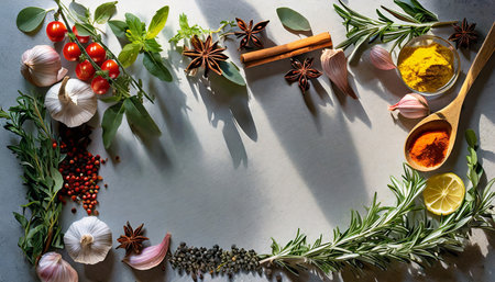 frame border food design element spices and herbs with real shadow on background variety of spices and mediterranean herbsの素材
