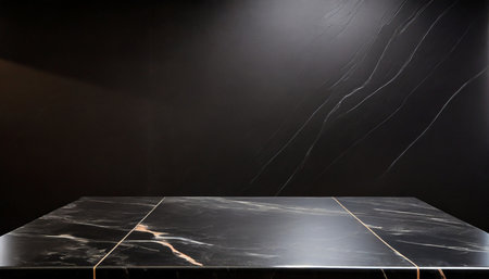 empty table marble black countertop on black wall background high quality photoの素材