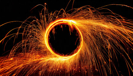 pure circle fire with sparks abstract fire ring of fire flame fireworks burning sparking fire circle pattern or cold fire or fireworks in black backgroundの素材