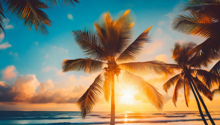 tropical palm tree with colorful bokeh sun light on sunset sky cloud abstract backgroundの素材