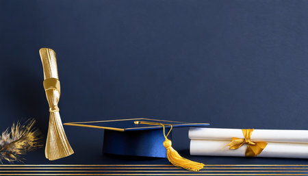 minimalist graduation theme with gold and blue accents against a dark blue background ai generatedの素材