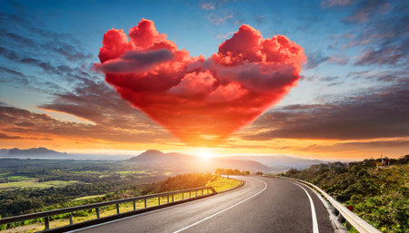 red heart shaped clouds at sunset beautiful landscape with road love background with copy space road to loveの素材