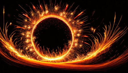 pure circle fire with sparks abstract fire ring of fire flame fireworks burning sparking fire circle pattern or cold fire or fireworks in black backgroundの素材
