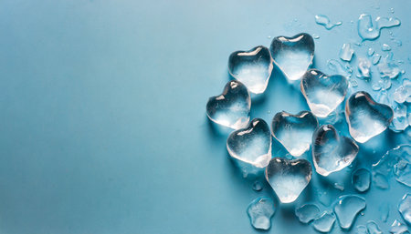 group of melting heart shaped ice cubes placed on a light blue background in top view copy space the concepts are heartbreak calmness cold hearted people love sadness and cryingの素材