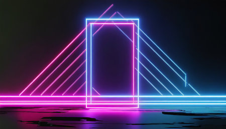 parallelogram rectangle picture frame with two tone neon color shade motion graphic on black background blue and pink light for overlay element 3d illustration rendering wallpaper backdropの素材