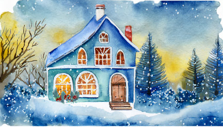 watercolor winter house on a background christmas illustration generative aiの素材