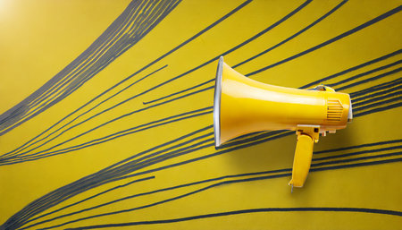 yellow megaphone or bullhorn with lines over yellow background business announcement or communication conceptの素材
