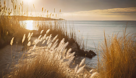 serene seaside with dry grass warm sun tones soft shadows and calm serene atmosphereの素材