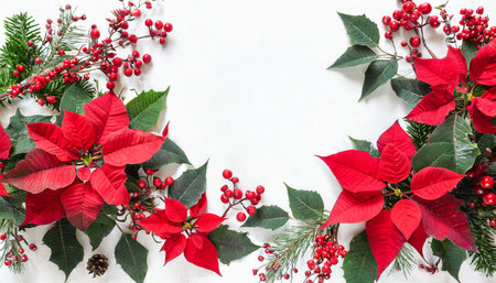 christmas decoration frame of flowers of red poinsettia branch christmas tree red berries on white background with space for text top view flat layの素材