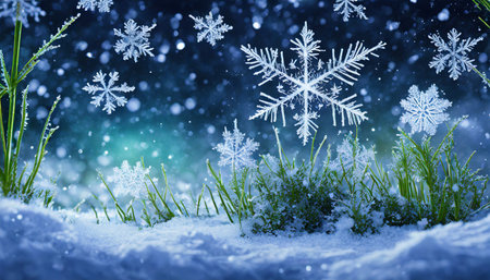 snowflake ice crystals snow falling on frozen ground and plants on a cold winter nightの素材