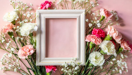 creative spring greeting card design branches of white and pink gypsophila and fresh carnations flowers with square photo frame on pastel pink background birthday mother s day copy spaceの素材