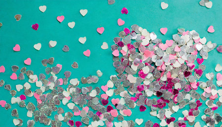 background with glitter heart confetti valentine day concept trendy minimalistic flat lay design backgroundの素材