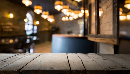 blurred background of bar and dark brown desk space of retro woodの素材