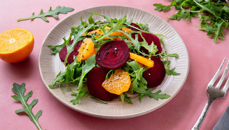 seasonal vitamin salad orange beetroot and arugula in plate on pink background diet healthy eating conceptの素材