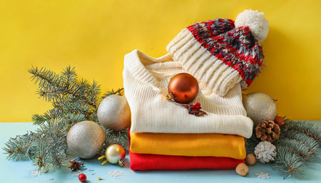 stylish winter clothes and christmas decor on yellow backgroundの素材
